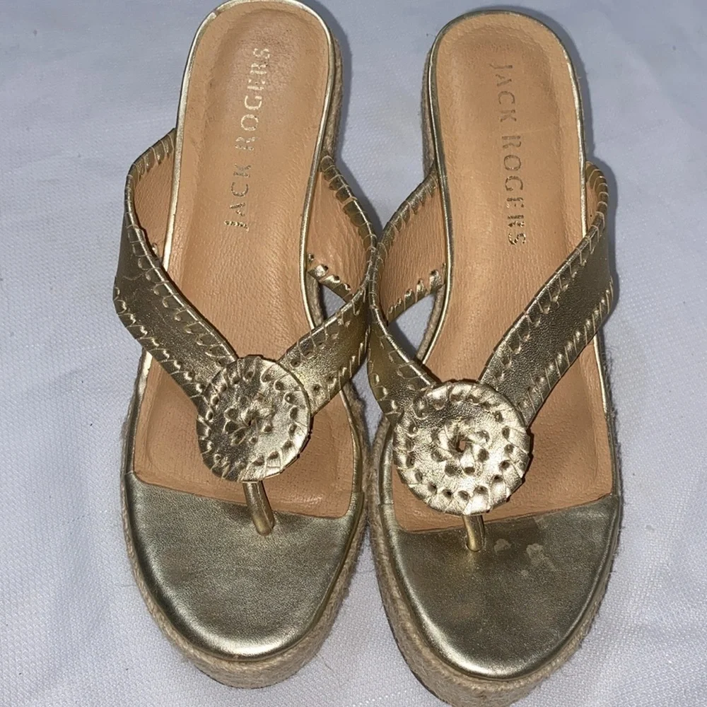 Jack Rogers Gold 4” ESPADRILLE Wedge Sandals with Metallic Sheen Wo size 7.5 EUC